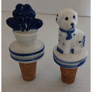 Ceramic Blue White Wine Stopper Bottle Cork Dog Flower Unmarked Lot of 2 RARE